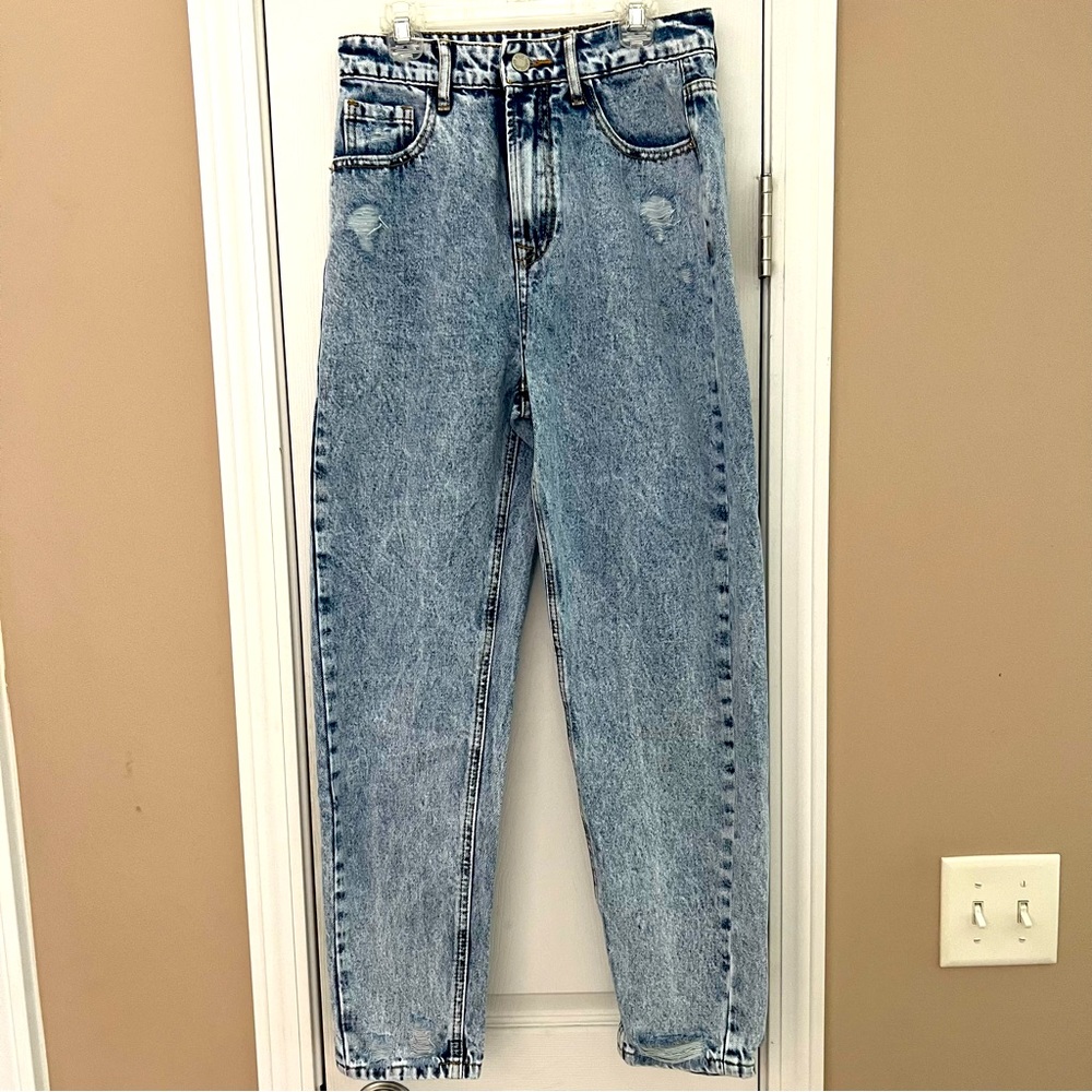Shein High Waisted Stone Wash Distressed Jeans Blue Size S (4)